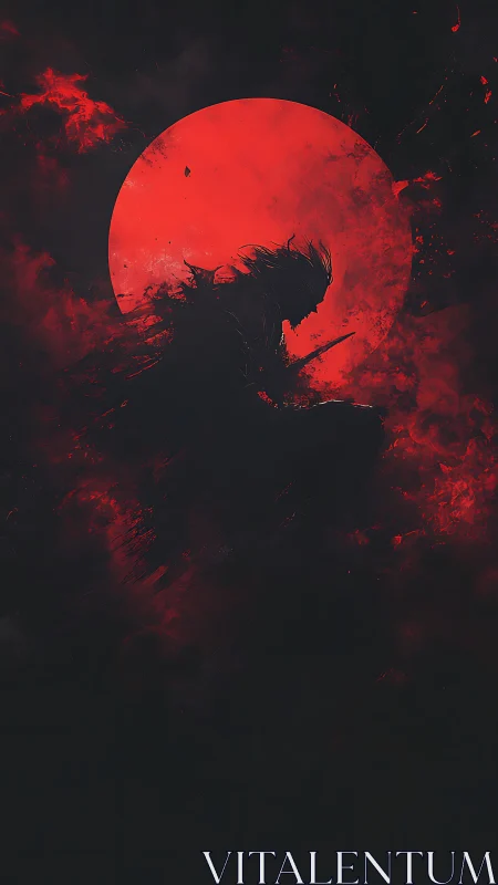 Blood-red eclipse crowns a lone shadowed swordsman silhouette.