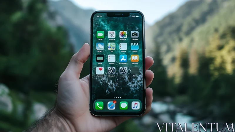 Hand holding modern smartphone displaying iOS app interface against mountain landscape background