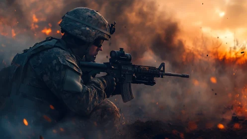 Calm soldier holds steady amid swirling smoke and fire.