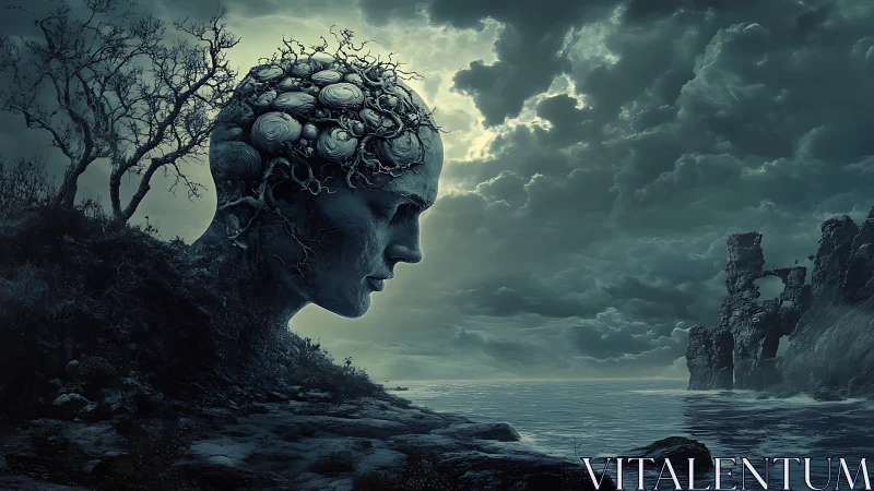 Surreal stone head fused with shoreline under storm sky.