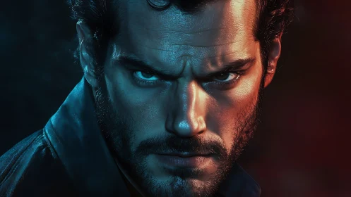 Photorealistic dual-tone male portrait with cinematic lighting.