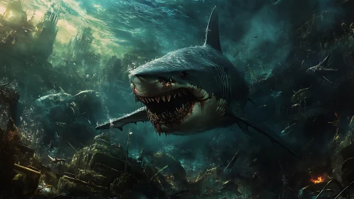 Large shark in submerged ruined city environment at depth.