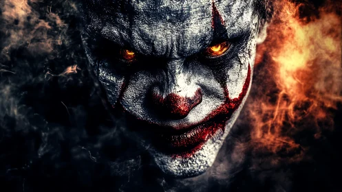 Clown makeup face emerges from high-contrast smoky background