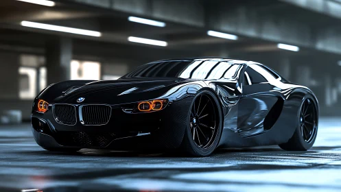 Black BMW supercar showcases sculpted body and neon glow.