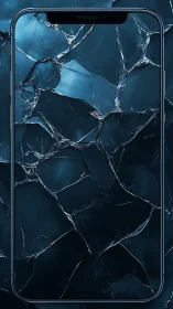 Shattered glass smartphone screen in icy blue abstraction.
