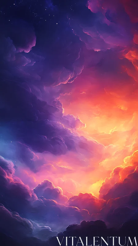 Radiant celestial clouds swirl through a blazing sunset sky.