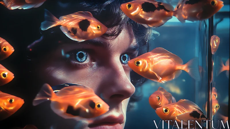 Dreamy kid watching glowing goldfish in a quiet aquarium.