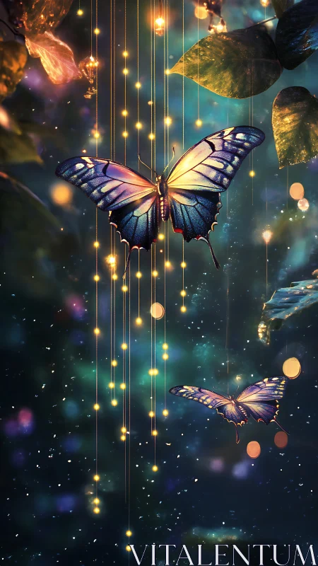 Butterflies and suspended lights in a stylized night forest.