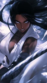 Fierce dark skinned swordswoman in white battle robes.
