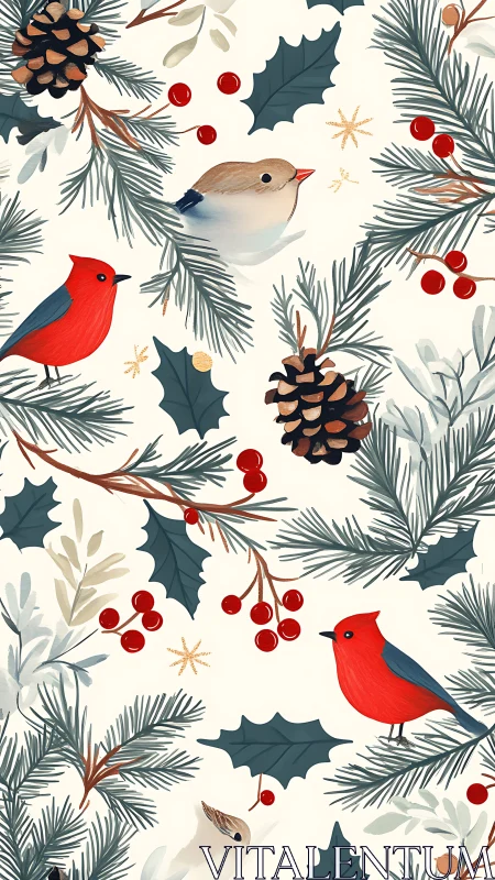 Winter songbirds rest among pine branches and berries