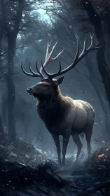 Majestic stag pauses in a misty forest of quiet twilight