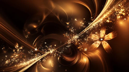 Golden light trails and abstract floral forms in motion.