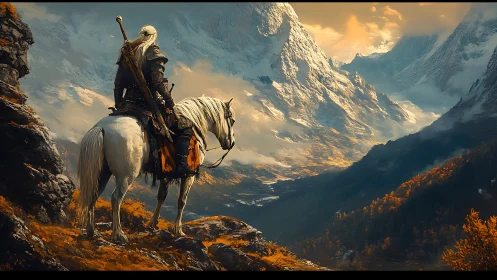 Mounted swordsman surveying glacial valley under amber sky.