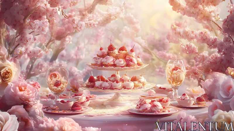 Luminous Cherry Blossom Dessert Garden with Tiered Confections.
