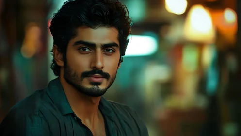 Digital painting portrait with cinematic bokeh street background.