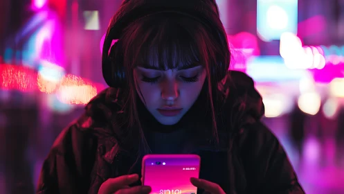 Neon-lit cyberpunk portrait with shallow depth of field focus.