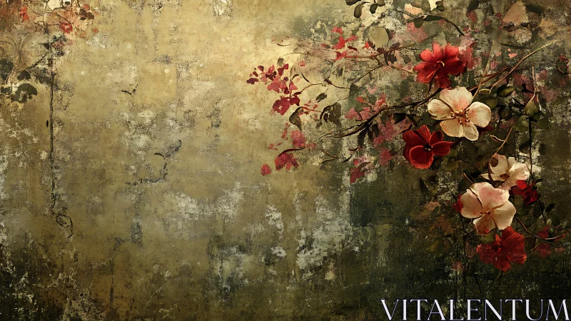 Aged stucco wall with cascading red and cream floral branch