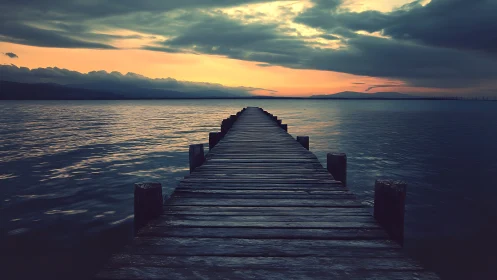 Storm-kissed wooden pier drifting into ember horizon.