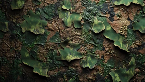 Layered camo foliage on eroded earth texture surface.