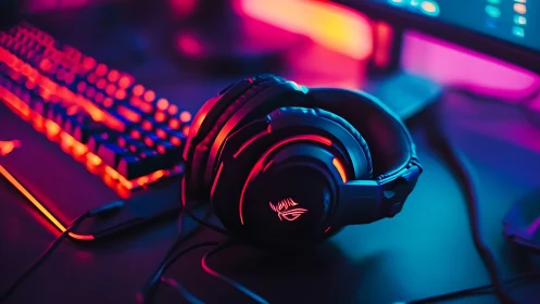 RGB gaming headset rests in neon-lit desktop setup.