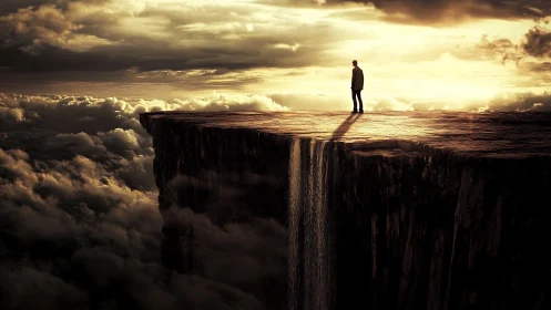 Solitary observer on cloud-suspended plateau with vertical cascade.