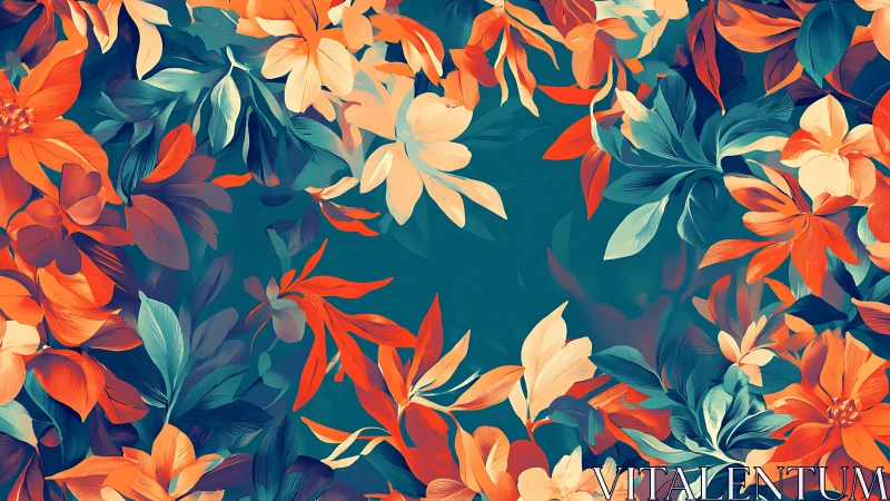 Floral composition with layered botanical elements on teal background.