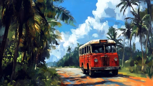 Red rural bus moves along palm-lined tropical roadway