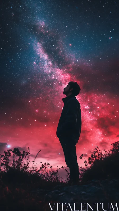 Silhouetted figure under red and blue star-filled night sky.
