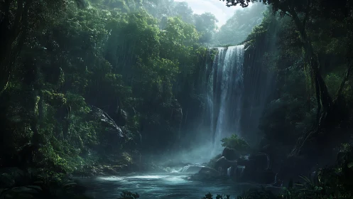 Waterfall cascading through forested canyon with dense vegetation canopy