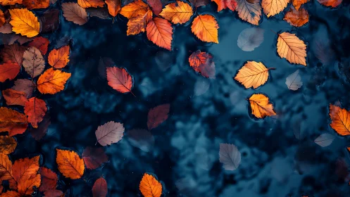 Autumn leaves float on dark reflective water with strong color contrast