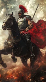 Armored mounted warrior in red cloak crossing smoky ground.