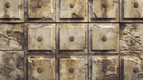 Weathered concrete wall shows grid of recessed square panels