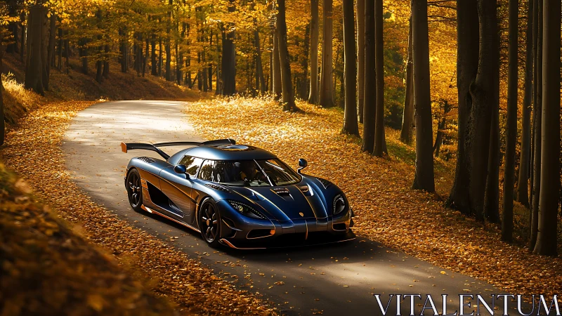 Blue sports car on forest road amid dense autumn foliage.