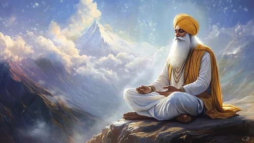 Meditative elder in luminous Himalayan vista rendered digitally