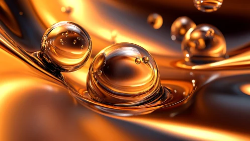 Glowing amber liquid spheres on reflective metallic surface.