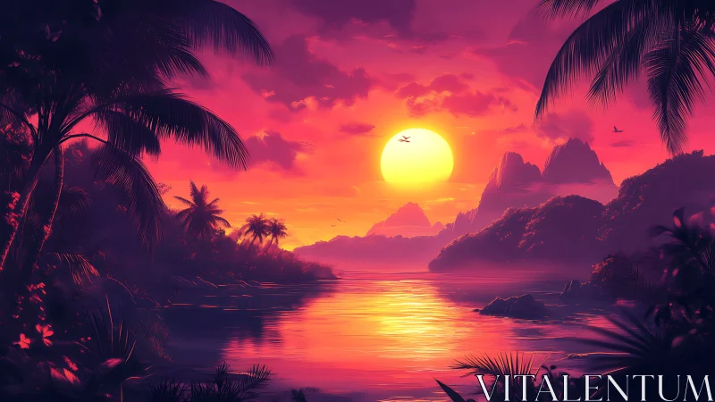 Digital tropical bay sunset with silhouetted palm trees