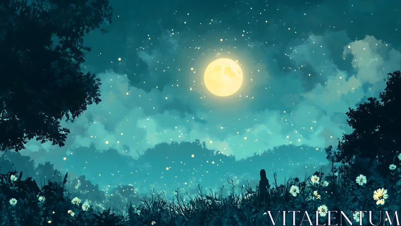 Moonlit meadow silhouette under teal nocturne sky.