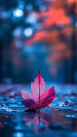 Luminous autumn leaf afloat in neon dusk rainlight.