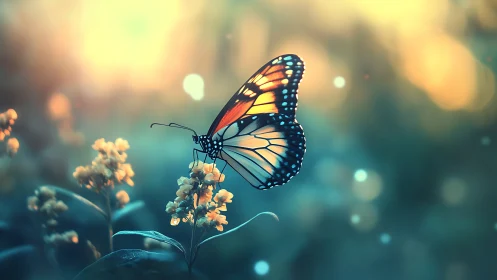 Monarch butterfly on wildflower in dreamy sunset glow.