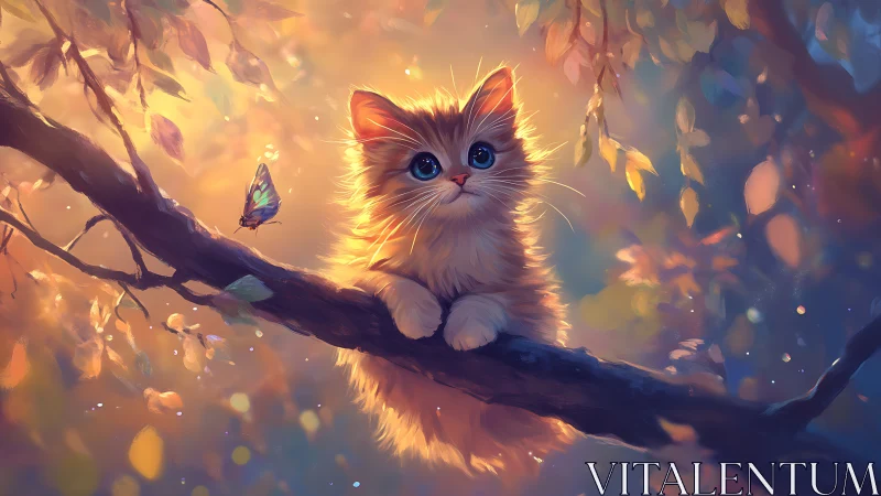 Kitten on Branch in Golden Autumn Light with Butterfly