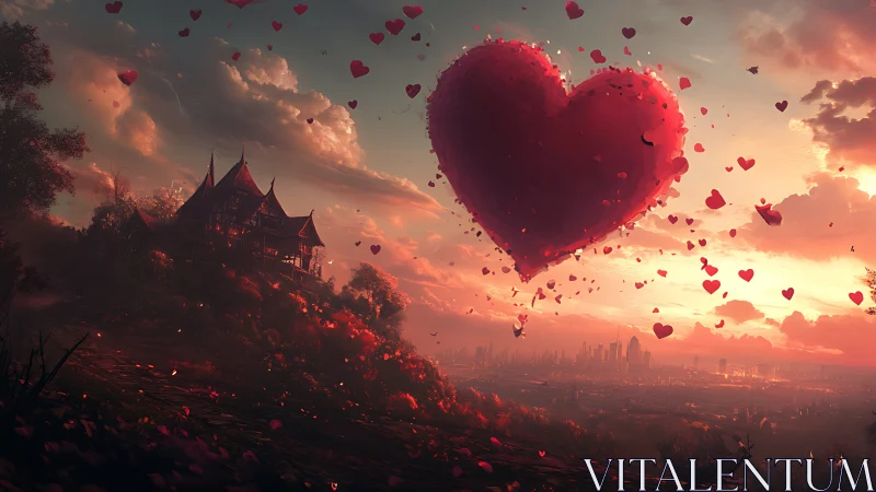 Large red heart floats in sunset sky over castle and city landscape.