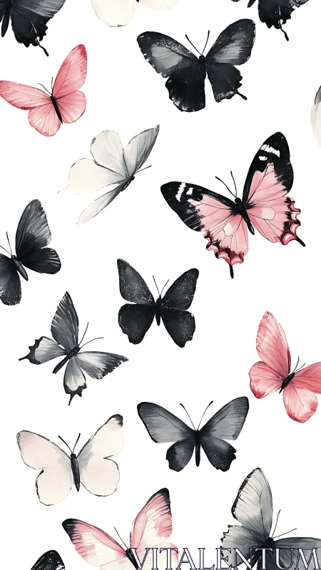 Gentle pink and charcoal butterflies in a peaceful dance.