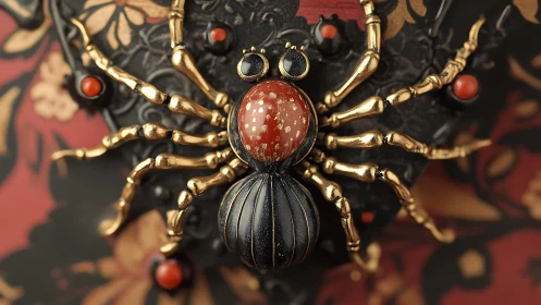 Jewel-toned spider brooch with gold limbs on baroque floral panel