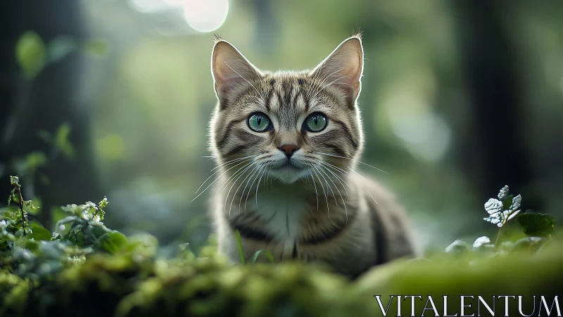 Tabby cat with green eyes in natural garden setting.