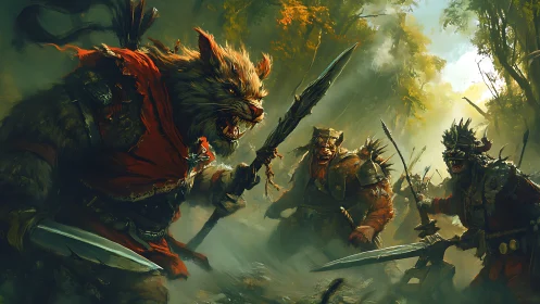 Feral beast warrior leads brutal forest spear ambush.