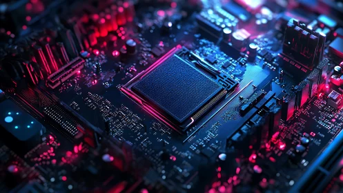 Neon lit circuit board cradling a quietly powerful processor.