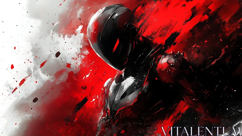 Crimson shockwave android dissolving into digital fury.