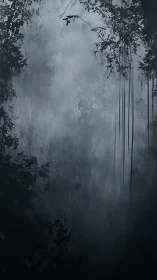 Dense fog fills a dark forest frame with obscured depth