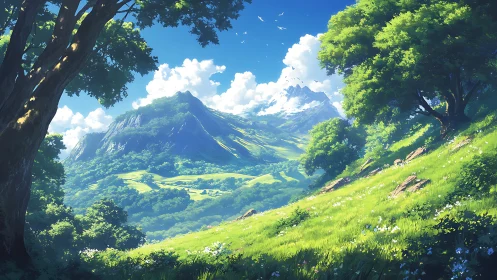 Sunlit valley unfurls beneath storybook emerald mountainscape.