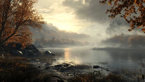 Autumnal lakeside at dawn rendered in high-detail digital painting